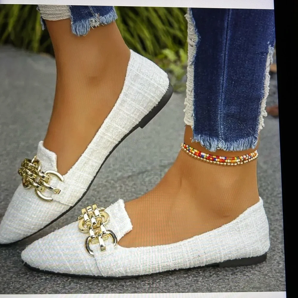 New! Elegant White Loafers with Gold Chain Accent size 39 (US 7)